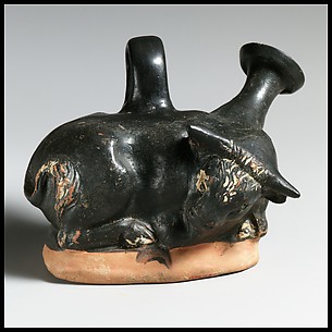 Terracotta askos (flask  with a spout and handle over the top)