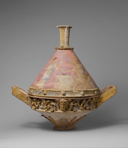 Terracotta lekanis (dish) with lid and finial