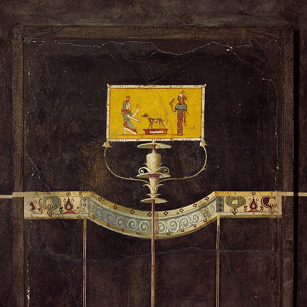 Wall painting on black ground: Aedicula with small landscape, from the imperial villa at Boscotrecase