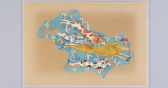 Reproduction of a freso with hounds attacking a boar