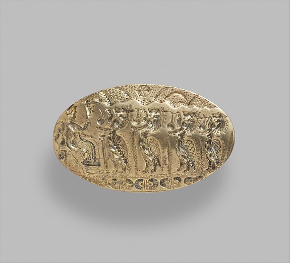 Reproduction of a gold signet ring with a ritual scene