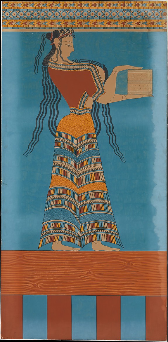 Reproduction of a fresco with a woman carrying an ivory pyxis