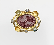 Jasper intaglio in a gold mount set with pearls and glass