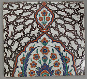 Tile with Floral Cartouche Design on Ebru (Marble Imitation Pattern) Background