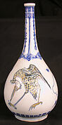 Bottle Depicting Storks in Blue and Yellow on a White Background