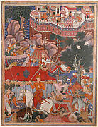"Assad Ibn Kariba Launches a Night Attack on the Camp of Malik Iraj", Folio from a Hamzanama (The Adventures of Hamza)