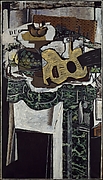 Gitaar en stilleven op een schoorsteenmantel; afm.: 130,5 x 74,6 cm