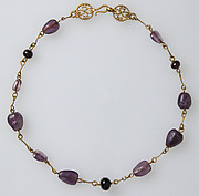 Gold Necklace with Amethysts, Glass Beads, and a Pearl