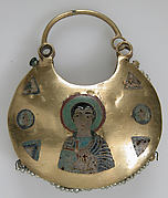 One of a Pair of Temple Pendants, with Busts of Male Saints Holding Martyr's Cross (front) and Leaf and Rosette Motifs (back)