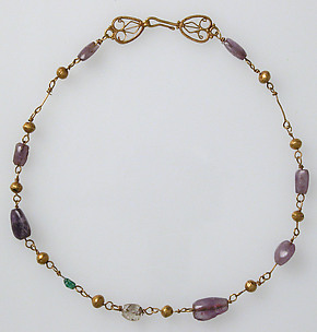 Gold Necklace with Amethysts, Glass, and Gold Beads