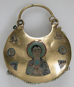 One of a Pair of Temple Pendants, with Busts of Male Saints Holding Martyr's Cross (front) and Leaf and Rosette Motifs (back)