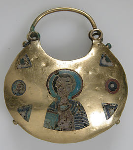 One of a Pair of Temple Pendants, with Busts of Male Saints Holding Martyr's Cross (front) and Leaf and Rosette Motifs (back)