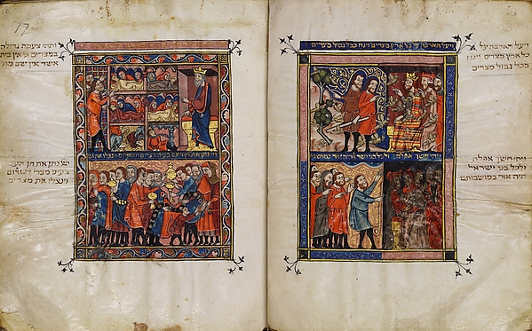 The Rylands Haggadah: The Plagues of Locusts and of Darkness (right); The Death of the Firstborn and the Looting of Treasures (left) [fols. 17v-18r]
