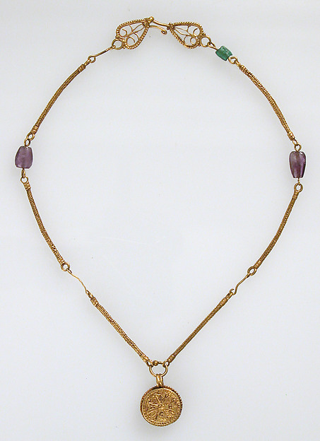 Gold Necklace with Gold Cross, Two Amethysts, and an Emerald Plasma