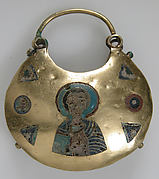 One of a Pair of Temple Pendants, with Busts of Male Saints Holding Martyr's Cross (front) and Leaf and Rosette Motifs (back)