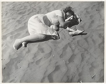 [Beach Scene: Woman in White Dress Asleep on Sand, Coney Island, New York]