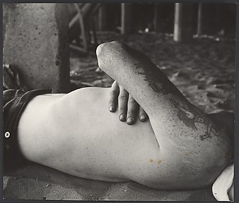 [Beach Scene: Shirtless Man Sleeping Under Boardwalk, Coney Island, New York]