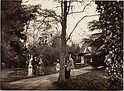 [Autumn Scene with People on Lawn near Cottage]