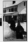 [Two Children, Possibly Mabry Girls, and Dog on Snowbank in Front of House]
