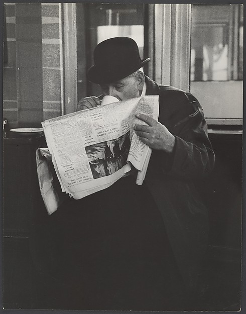 [Man in Bowler Hat Reading Newspaper and Drinking Tea, London]