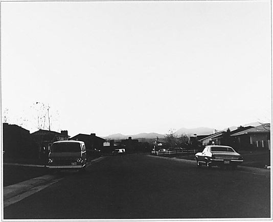 [Twilight Scene of Automobiles Parked before Ranch Houses in Suburban Community, Colorado]