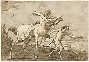 Satyr Leading a Centaur, Who Carries a Club, Bow and Quiver, Outside the Walls of a City