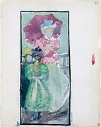 37r. Two young girls and a woman with a parasol; 37v. Annotated two columns ruled in ink, on the left