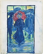 40r. Night scene with figures carrying umbrellas; 40v. A woman walking with a parasol