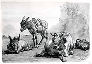 A Bull Lying Down, and Two Donkeys, in a Landscape