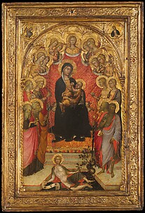 Madonna and Child Enthroned with Saint John the Evangelist, Saint Peter, Saint Agnes, Saint Catherine of Alexandria, Saint Lucy, an Unidentified Female Saint, Saint Paul, and Saint John the Baptist, with Eve and the Serpent; the Annunciation