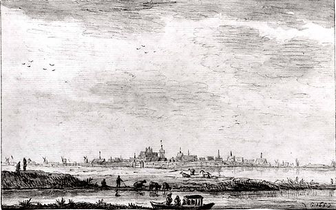 Distant Town Seen across Water and Fields
