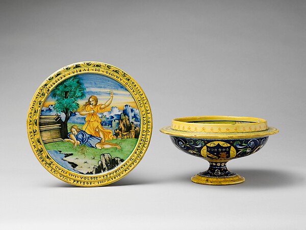 Broth bowl and cover (scodella and tagliere) from an accouchement set; Aeneas leaving Troy with his father and son (inside bowl); Pyramis and Thisbe (on cover)