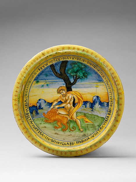 Broth bowl and cover (scodella and tagliere) from an accouchement set; Aeneas leaving Troy with his father and son (inside bowl); Pyramis and Thisbe (on cover)