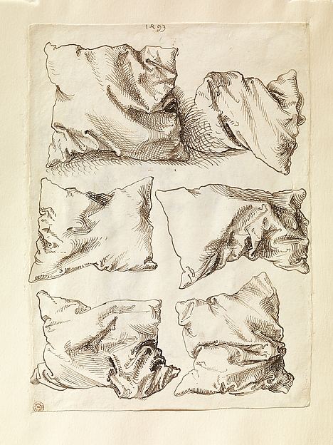 Self-portrait, Study of a Hand and a Pillow (recto); Six Studies of Pillows (verso)
