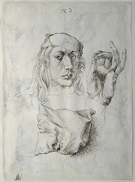 Self-portrait, Study of a Hand and a Pillow (recto); Six Studies of Pillows (verso)