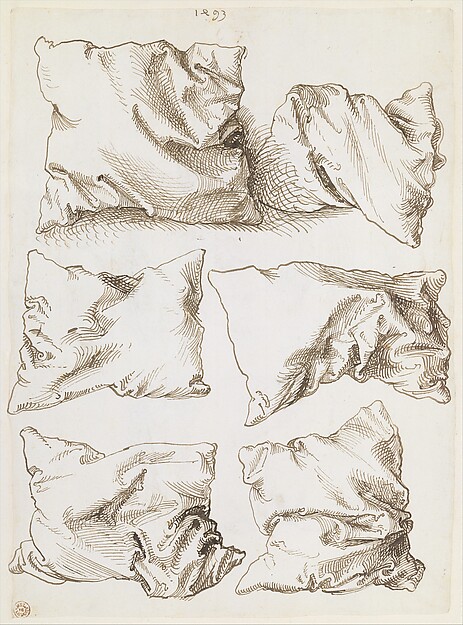 Self-portrait, Study of a Hand and a Pillow (recto); Six Studies of Pillows (verso)
