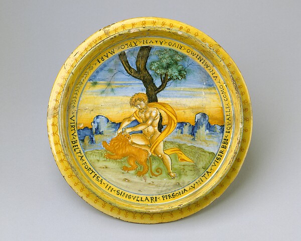 Broth bowl and cover (scodella and tagliere) from an accouchement set; Aeneas leaving Troy with his father and son (inside bowl); Pyramis and Thisbe (on cover)