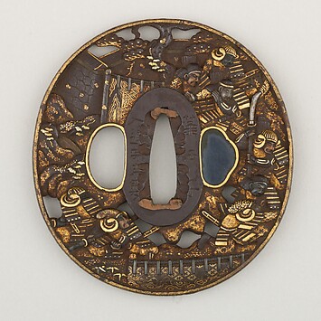 Sword Guard (Tsuba) Depicting Peony and Butterflies (菊に蝶図鐔