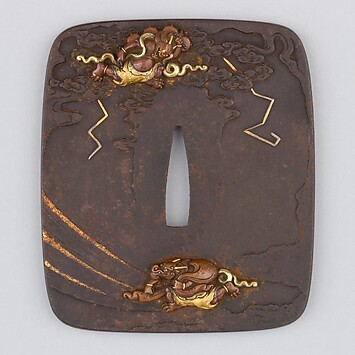 ★時代 /武具！鉄地 鍔 松 鳥 川図案/鐔『菊川南甫 花押(菊川久英)』★ Sword Guard (Tsuba) With the Motif of Chrysanthemums and Butterfly