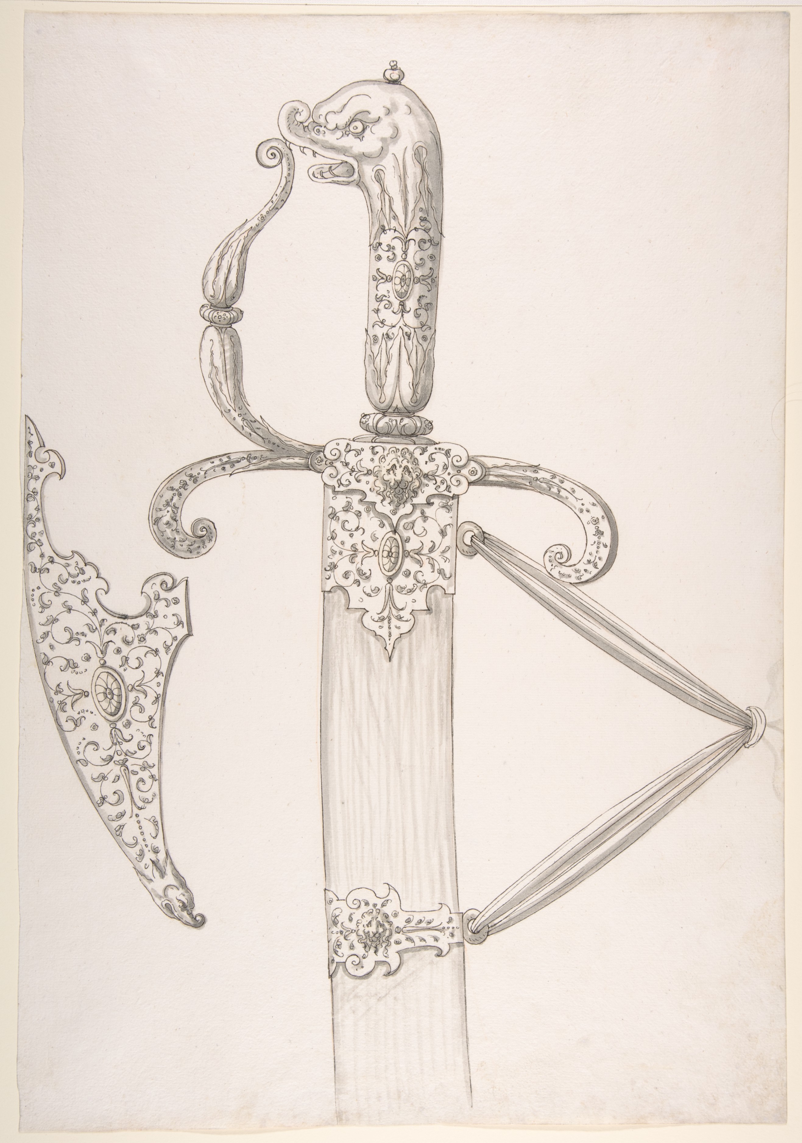 Drawing of Design for Sword Hilt and Tip of Scabbard (Dolphin-Head Grip) | German | The Met