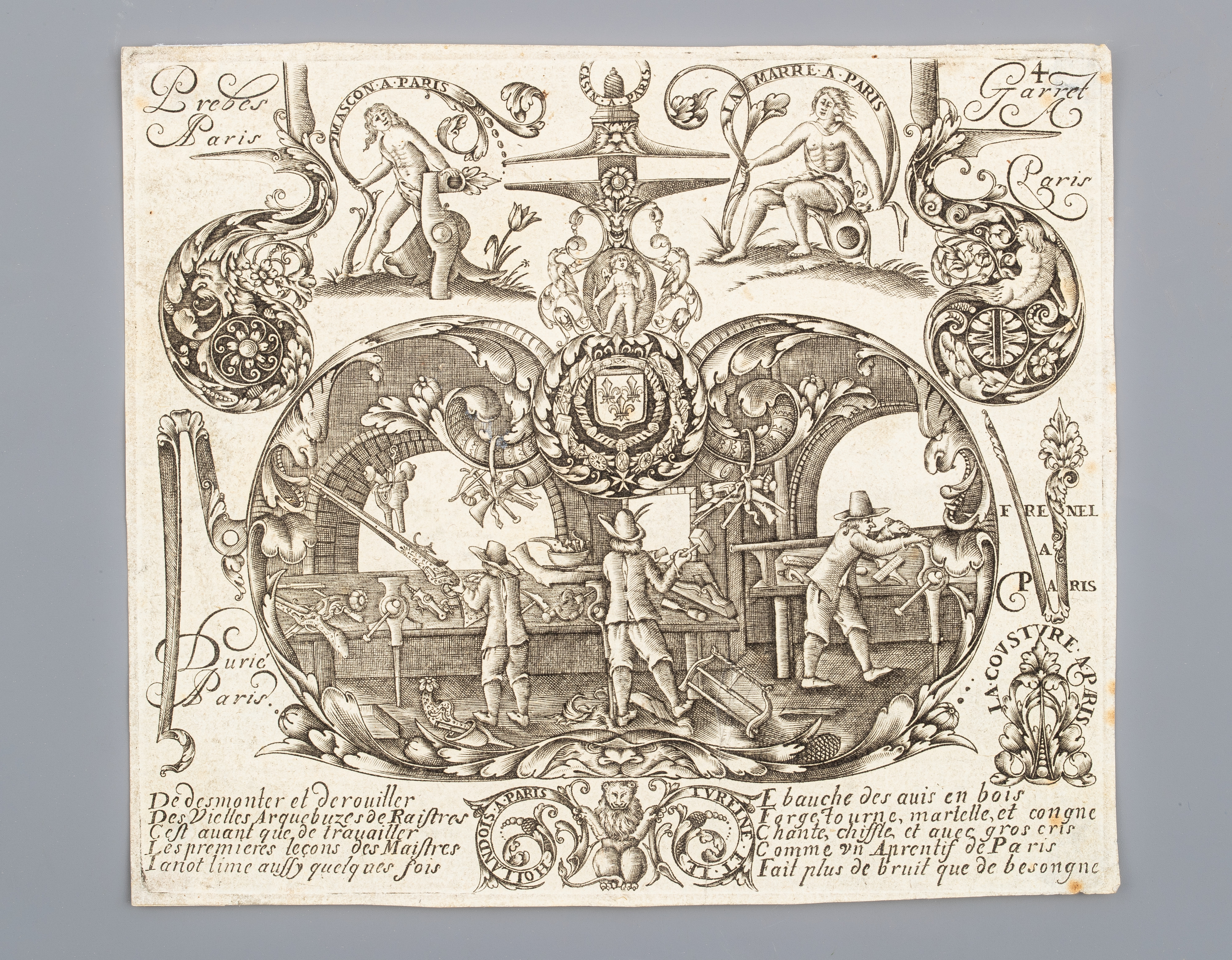 Engraving Depicting the Interior of a Gunmaker’s Workshop, from the Pattern Book
<i>Plusieurs Models des plus nouuelles manières qui sont en usage en l'Art d'Arquebuzerie auec les
Ornements les plus Conuenables: le tout tiré des Ouurages de Thuraine et le Hollandois Arquebuziers
Ordinaires de Sa Maiesté et graué</i> by Thuraine (French, Paris, active mid-17th century) and Adrien
Reynier, called Le Hollandois (French, born ca. 1630)