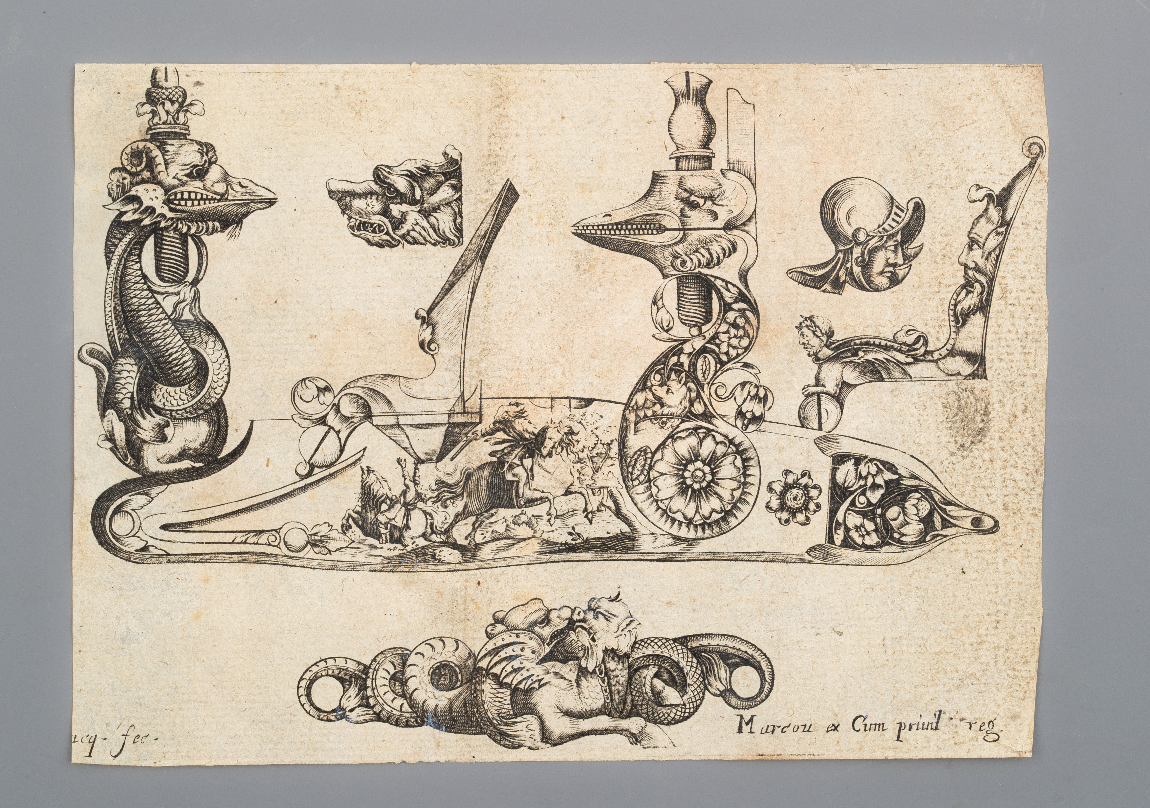 Engraving of Firearms Ornament from the Pattern Book <i>Plusieurs pieces de l'arquebuzerie / recueillies et inventeés par Francois Marcou</i>