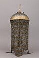Helmet (Kulah Khud), Steel, gold, velvet, brass, pigment, varnish, Persian
