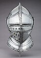 Close Helmet, Attributed to Wolfgang Grosschedel (German, Landshut, active ca. 1517–62), Steel, leather, copper alloy, German, Landshut