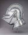 Close Helmet, Attributed to Wolfgang Grosschedel (German, Landshut, active ca. 1517–62), Steel, leather, copper alloy, German, Landshut