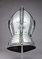 Close Helmet, Attributed to Wolfgang Grosschedel (German, Landshut, active ca. 1517–62), Steel, leather, copper alloy, German, Landshut