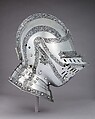 Close Helmet, Attributed to Wolfgang Grosschedel (German, Landshut, active ca. 1517–62), Steel, leather, copper alloy, German, Landshut