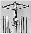 Crossbow, Cranequin and Six Crossbow Bolts, Steel, wood (probably cherry, and possibly service tree), ivory (probably elephant), horn, mother-of-pearl, iron alloy, copper alloy, hemp, southern German or Tyrolese; cranequin probably German or Swiss