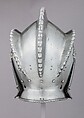 Burgonet, Replacement cheek-pieces made by Leonard Heinrich (American (born Germany) Munich 1900–1966 Clarksville, New Jersey)  ,  in The Metropolitan Museum of Art, Armor Workshop, Steel, leather, German, Augsburg