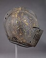 Close-Helmet for the Tournament on Foot, the Master of the Castle Mark (Italian, Milan, active ca. 1590–1620), Steel, gold, Italian, Milan